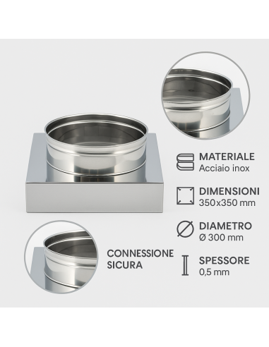 Riduzione Quadra Tonda 350x350 - Ø 300 mm, Acciaio Inox Sp. 0,5 mm Canna Fumaria