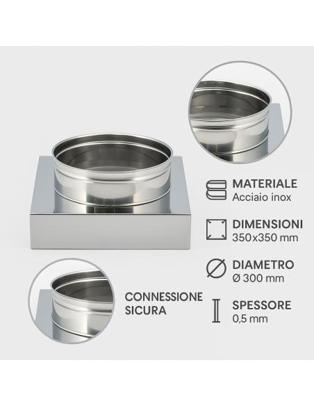 Riduzione Quadra Tonda 350x350 - Ø 300 mm, Acciaio Inox Sp. 0,5 mm Canna Fumaria