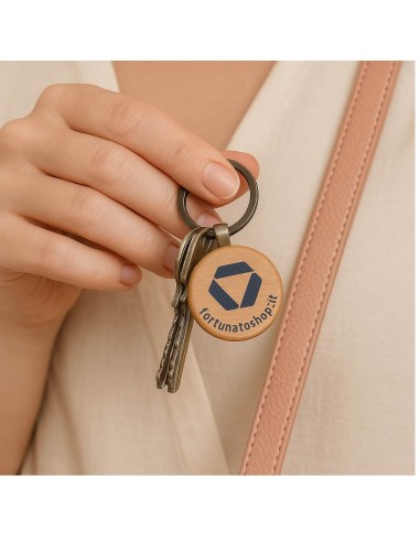 Portachiavi Personalizzato Fortunatoshop.it  In Legno Rotondo Con Logo Geometrico Blu Scuro Anello per Chiavi