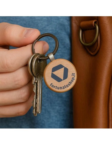Portachiavi Personalizzato Fortunatoshop.it  In Legno Rotondo Con Logo Geometrico Blu Scuro Anello per Chiavi