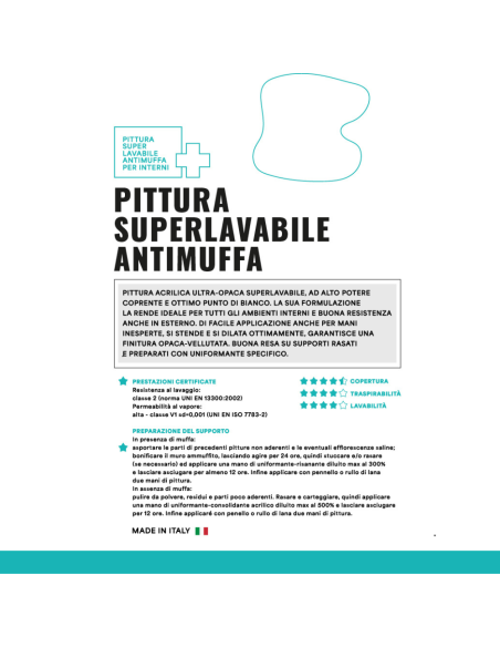 Pittura Acrilica Ultra Opaca Super Lavabile Antimuffa Protezione Antibatterica 
