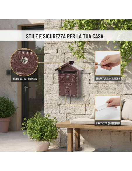 Cassetta Postale Rustica Rame In Ferro Battuto 280x90xH.350 mm