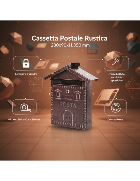 Cassetta Postale Rustica Rame In Ferro Battuto 280x90xH.350 mm