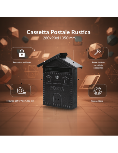 Cassetta Postale Rustica Nera In Ferro Battuto 280x90xH.350 mm
