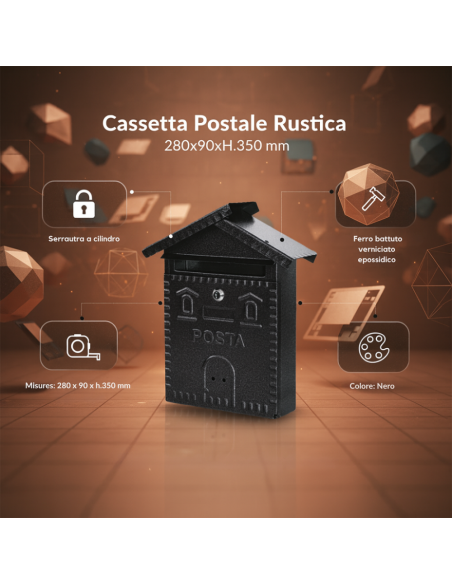 Cassetta Postale Rustica Nera In Ferro Battuto 280x90xH.350 mm