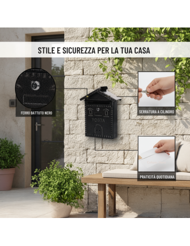 Cassetta Postale Rustica Nera In Ferro Battuto 280x90xH.350 mm