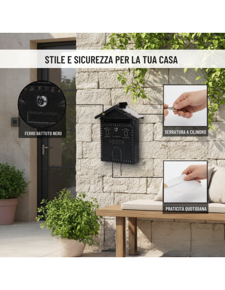 Cassetta Postale Rustica Nera In Ferro Battuto 280x90xH.350 mm