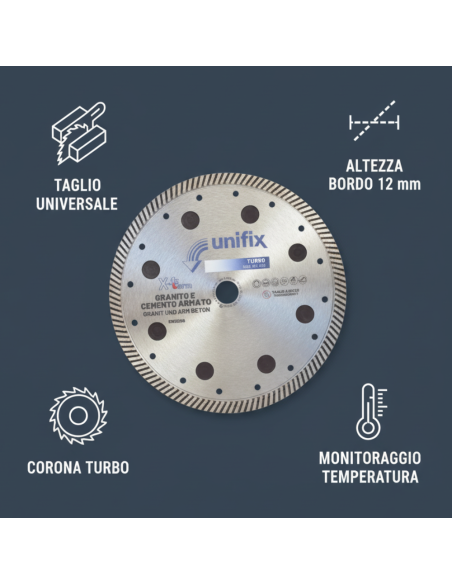 Disco Diamantato Turbo X-Term Per Taglio Di Cemento E Granito Ø 230 h 12 x 2,5 mm