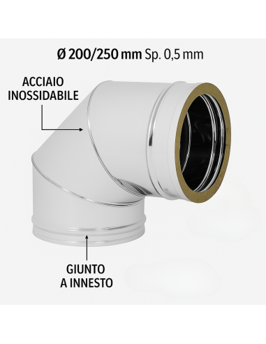 Curva  90° Acciaio Inox Ø 200/250 MM Spessore 0,5 MM Canna Fumaria Doppia Parete