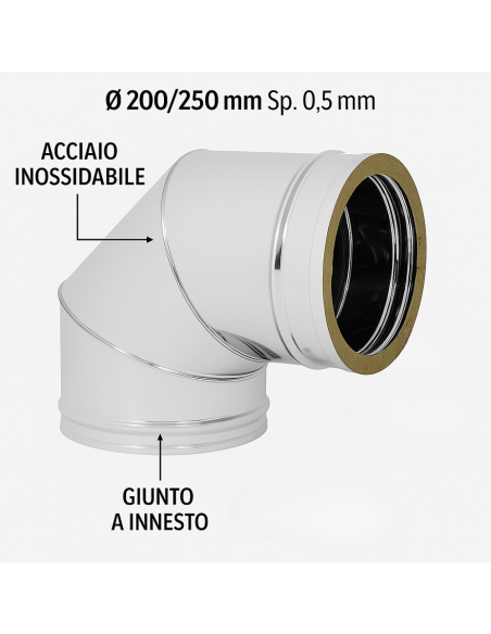 Curva  90° Acciaio Inox Ø 200/250 MM Spessore 0,5 MM Canna Fumaria Doppia Parete