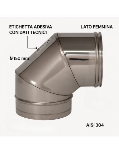 Curva  90° Acciaio Inox Ø 150 MM Spessore 0,5 MM Canna Fumaria Monoparete  