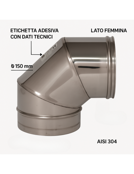 Curva  90° Acciaio Inox Ø 150 MM Spessore 0,5 MM Canna Fumaria Monoparete  
