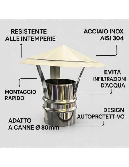 Cappello Cinese Acciaio Inox Base Tonda Ø 80 Tiraggio Camino Dispersore Fumi 
