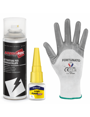 Kit Incollaggio Istantaneo Colla 5 g Con Attivatore Spray 200 ml E Guanti - FORTUNATO