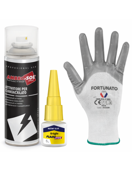 Kit Incollaggio Istantaneo Colla 5 g Con Attivatore Spray 200 ml E Guanti - FORTUNATO