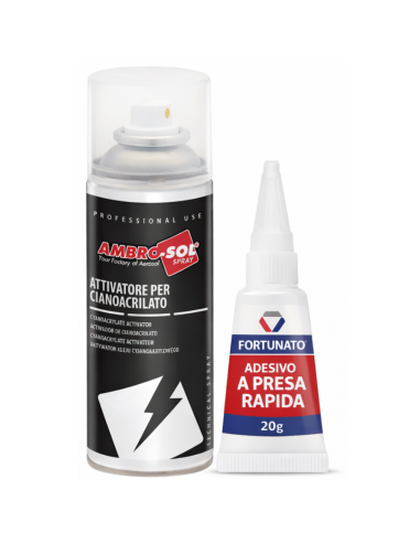 Kit Attivatore Spray per Adesivi Cianoacrilici 200 ml con Adesivo a Presa Rapida 20 g - FORTUNATO
