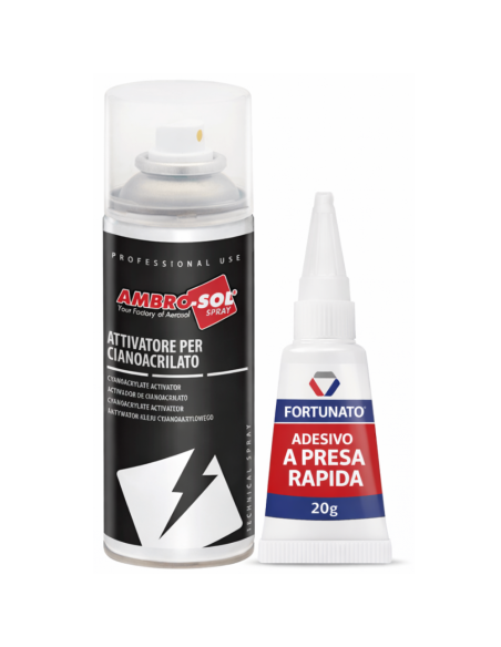 Kit Attivatore Spray per Adesivi Cianoacrilici 200 ml con Adesivo a Presa Rapida 20 g - FORTUNATO