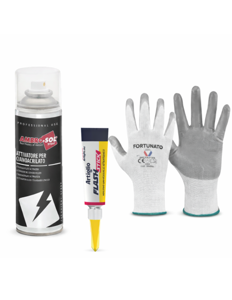 Kit Incollaggio Istantaneo Colla 3 g Con Attivatore Spray 200 ml E Guanti FORTUNATO - foto 5
