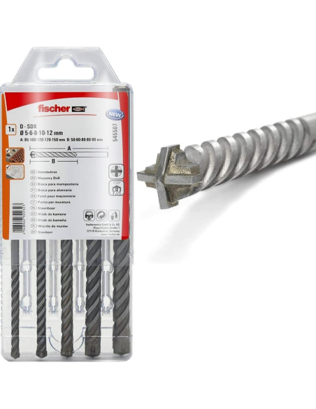 Fischer Kit 5 Punte Trapano D-SDX A Quattro Taglienti 5-12 mm Per Muro