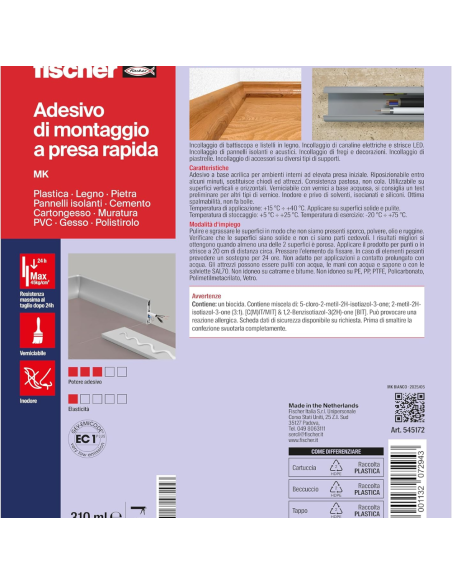 Fischer MK Colla Adesivo Di Montaggio Rapido Bianco Per Ambienti Interni 310 ml