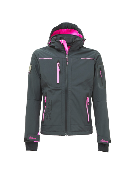 Giacca Lavoro Donna Softshell Chiusura Zip Cappuccio Colore Grey Fucsia 