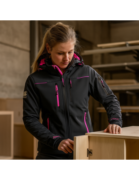 Giacca Lavoro Donna Softshell Chiusura Zip Cappuccio Colore Grey Fucsia 