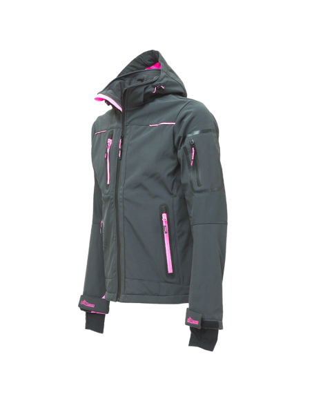 Giacca Lavoro Donna Softshell Chiusura Zip Cappuccio Colore Grey Fucsia 