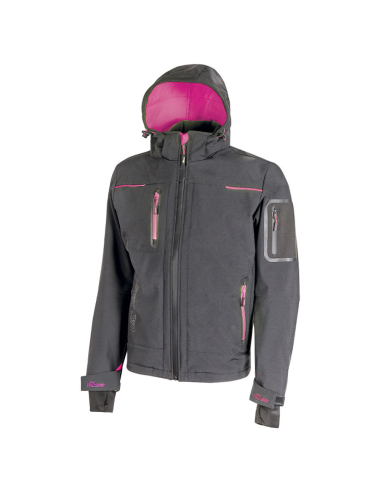Giacca Lavoro Donna Softshell Chiusura Zip Cappuccio Colore Grey Fucsia 