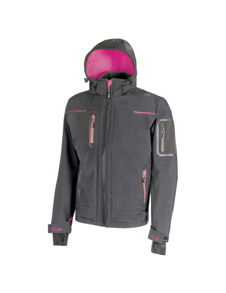 Giacca Lavoro Donna Softshell Chiusura Zip Cappuccio Colore Grey Fucsia 