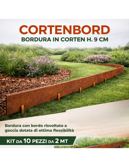 Bordura Flessibile In Acciaio Cortenbord 2 mt Con Giunti Viteria e Chiavetta Pezzi 10 