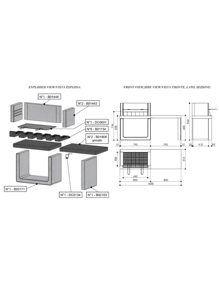SAROM Barbecue Porto New 160 x 51,5 x 96,8 cm Griglia E Ampio Tavolo Laterale