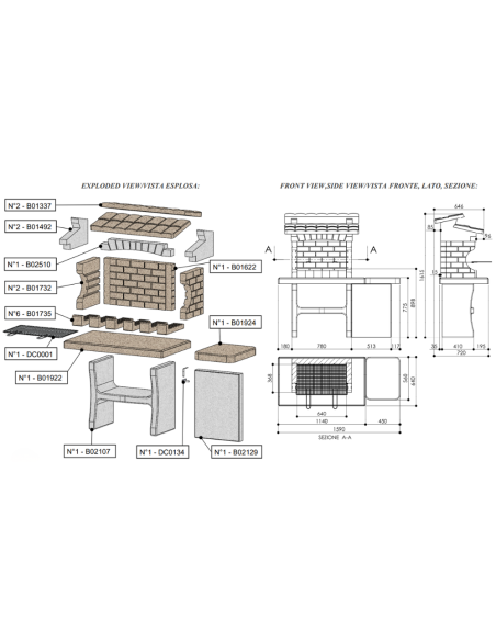 SAROM Barbecue Luxor 159 x 72 x 161,5 cm Pietra Ricostruita Con Tavolo Laterale