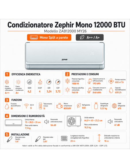 Condizionatore Zephir Mono 12000 btu zab12000 my26 std eer 3,24 cop 3,72 a++/a+