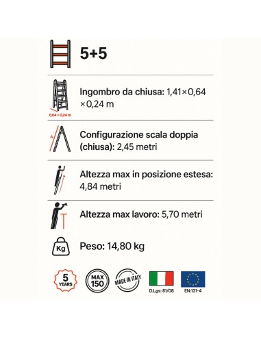 Scala Telescopica Professionale Media 5+5 Peppina In Alluminio GIERRE - foto 7