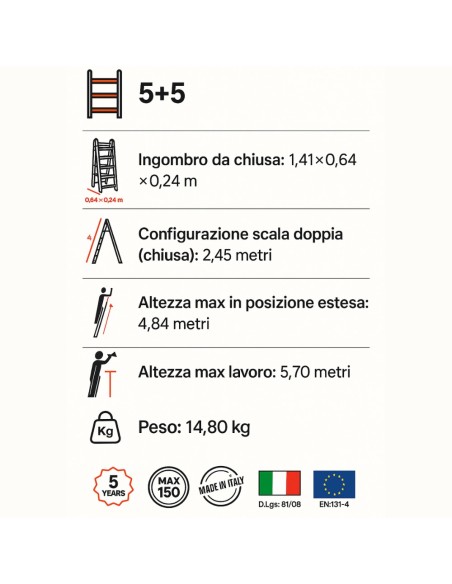 Scala Telescopica Professionale Media 5+5 Peppina In Alluminio GIERRE - foto 7