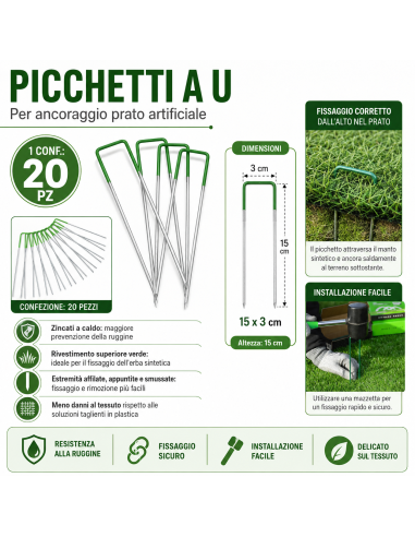 Picchetti A U Zincati 15x3 cm Testa Verde Fissaggio Prato Sintetico 20 Pezzi 4F GROUP - foto 6