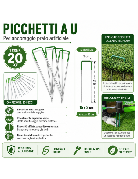 Picchetti A U Zincati 15x3 cm Testa Verde Fissaggio Prato Sintetico 20 Pezzi 4F GROUP - foto 6