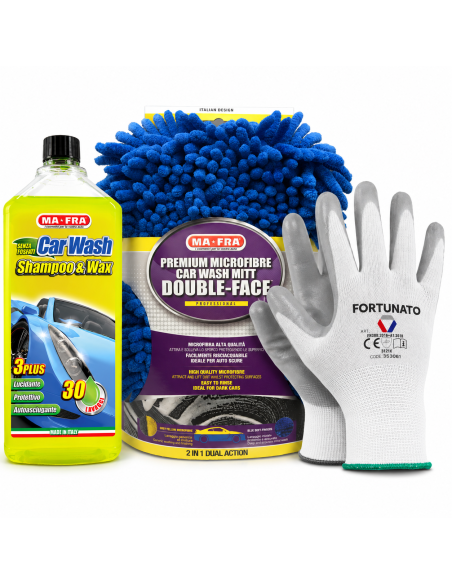 Kit Lavaggio Auto Mafra Con Shampoo, Guanto Double Face e Guanti Da Lavoro