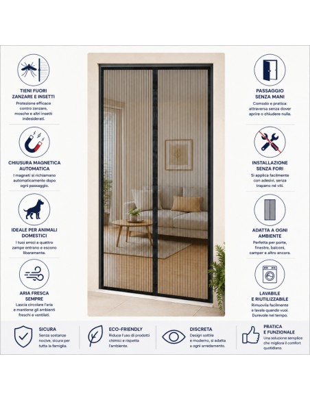 Zanzariera Magnetica 100x220 cm per Porta Finestra con Calamita Nera