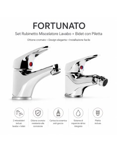 FORTUNATO Set Rubinetto Miscelatore Lavabo + Bidet C/Piletta Ottone Cromato