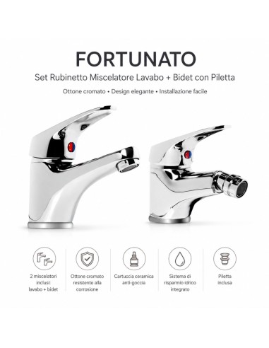 FORTUNATO Set Rubinetto Miscelatore Lavabo + Bidet C/Piletta Ottone Cromato