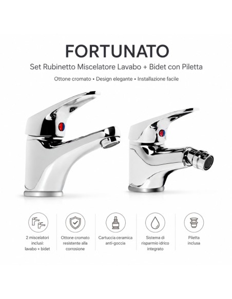 FORTUNATO Set Rubinetto Miscelatore Lavabo + Bidet C/Piletta Ottone Cromato