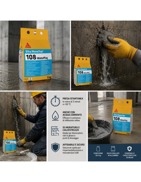 SIKA Monotop 108 Water Plug Malta Presa Istantanea Per Infiltrazioni Acqua 5 Kg