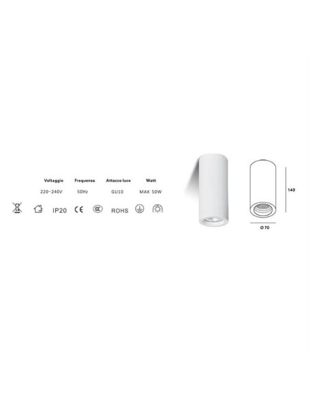 Applique Lampada Gesso Bianco Verniciabile da Soffitto Ø 70 mm x L. 112 mm 