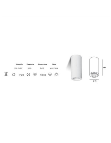 Applique Lampada Gesso Bianco Verniciabile da Soffitto Ø 70 mm x L. 140 mm 