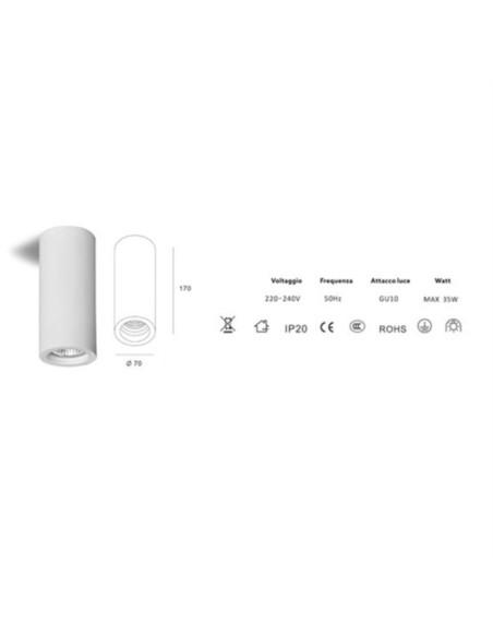Applique Lampada Gesso Bianco Verniciabile da Soffitto Ø 70 mm x L. 170 mm 