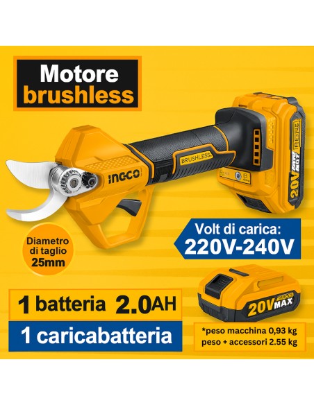 Forbice Pota Ø25 A Batteria 20V Valigetta Batteria Caricabatterie 