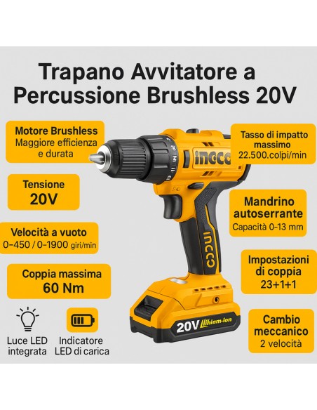 Trapano Avvitatore Percussione Brushless Batteria 20V Batterie Borsa  