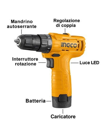 Trapano Avvitatore Batteria 12V Luce Led Integrata Caricabatterie Incluso  
