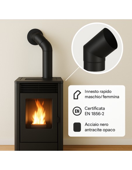 Curva a 45° Elemento Angolare Modifica Sezione Canale Fumo Stufa Pellet